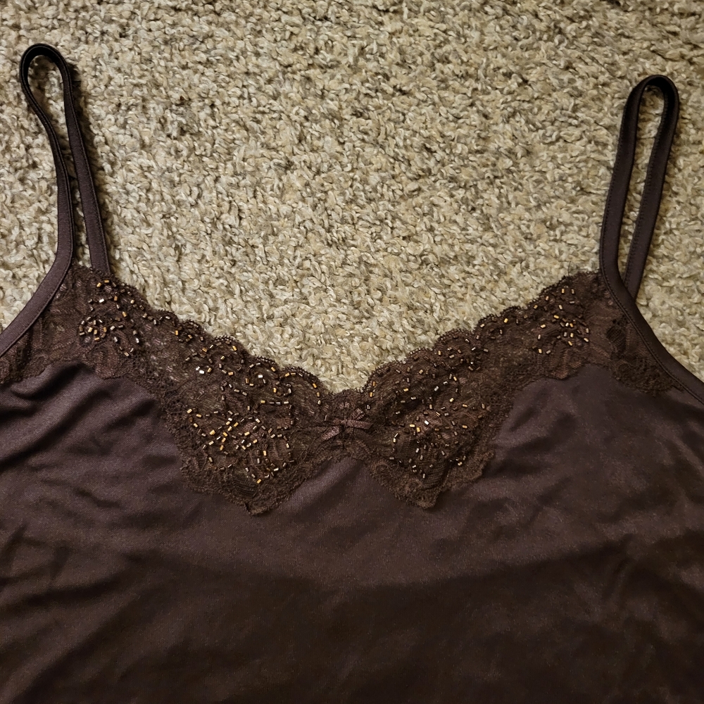 Vintage Lane Bryant Size 18/20 Chocolate Brown Cami w/Lace & Beadwork